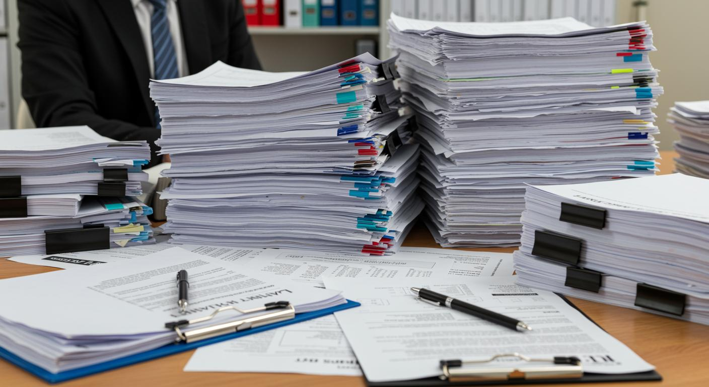 机の上に大量に積まれている書類